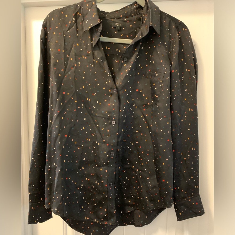 Rails Kate Black Confetti 100% Silk V-Neck Button Up Blouse Size S